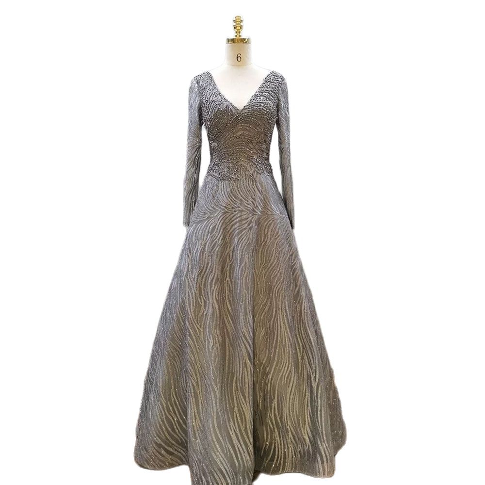Vestido de noche musulmán gris, corte A, sexy, escote en V, de lujo, con cuentas, para mujer, fiesta 2025, LA71802 