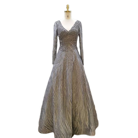 Muslim Grey A Line Sexy V-Neck Luxury Beaded Evening Dresses Gowns For Women Party 2025 LA71802