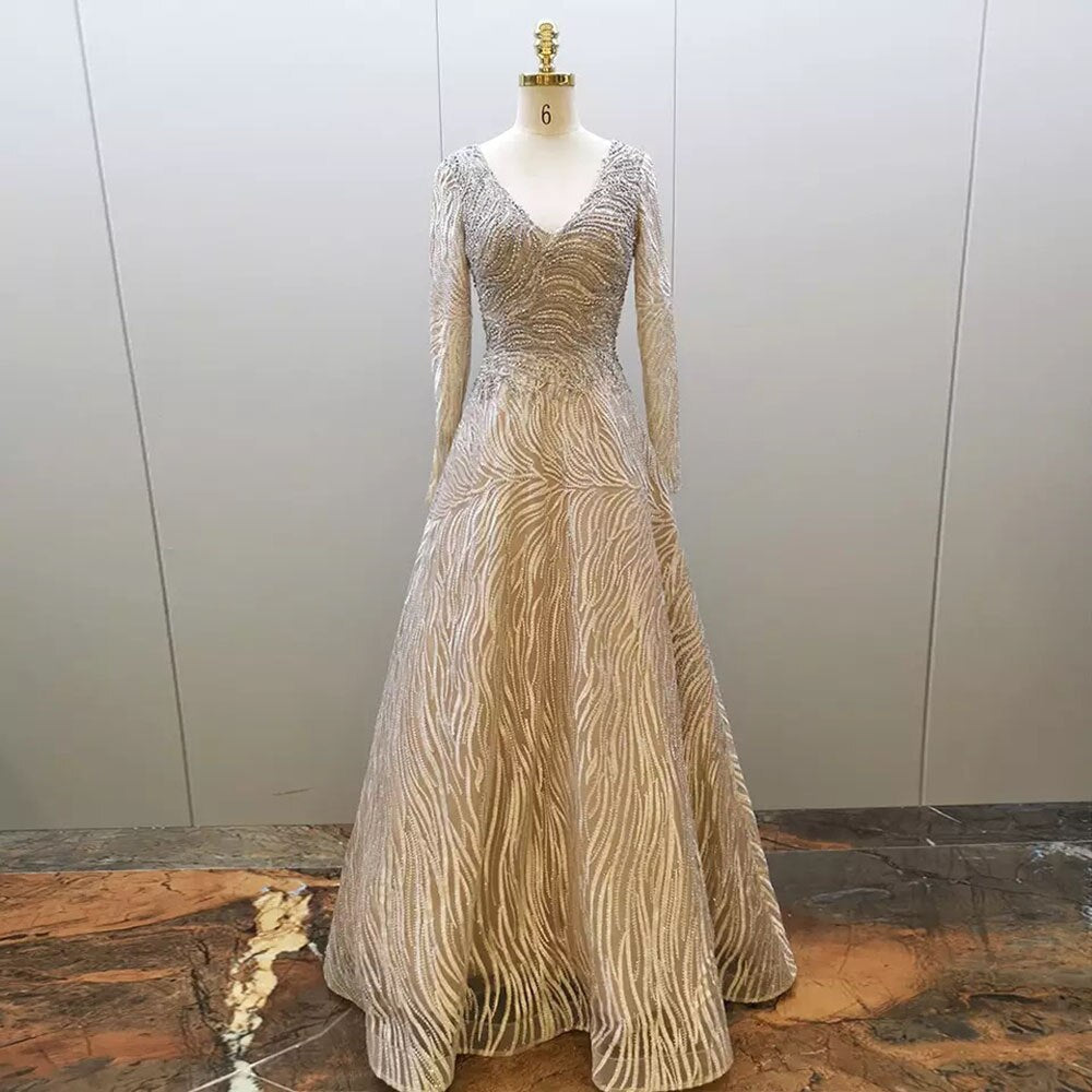 Vestido de noche musulmán gris, corte A, sexy, escote en V, de lujo, con cuentas, para mujer, fiesta 2025, LA71802 