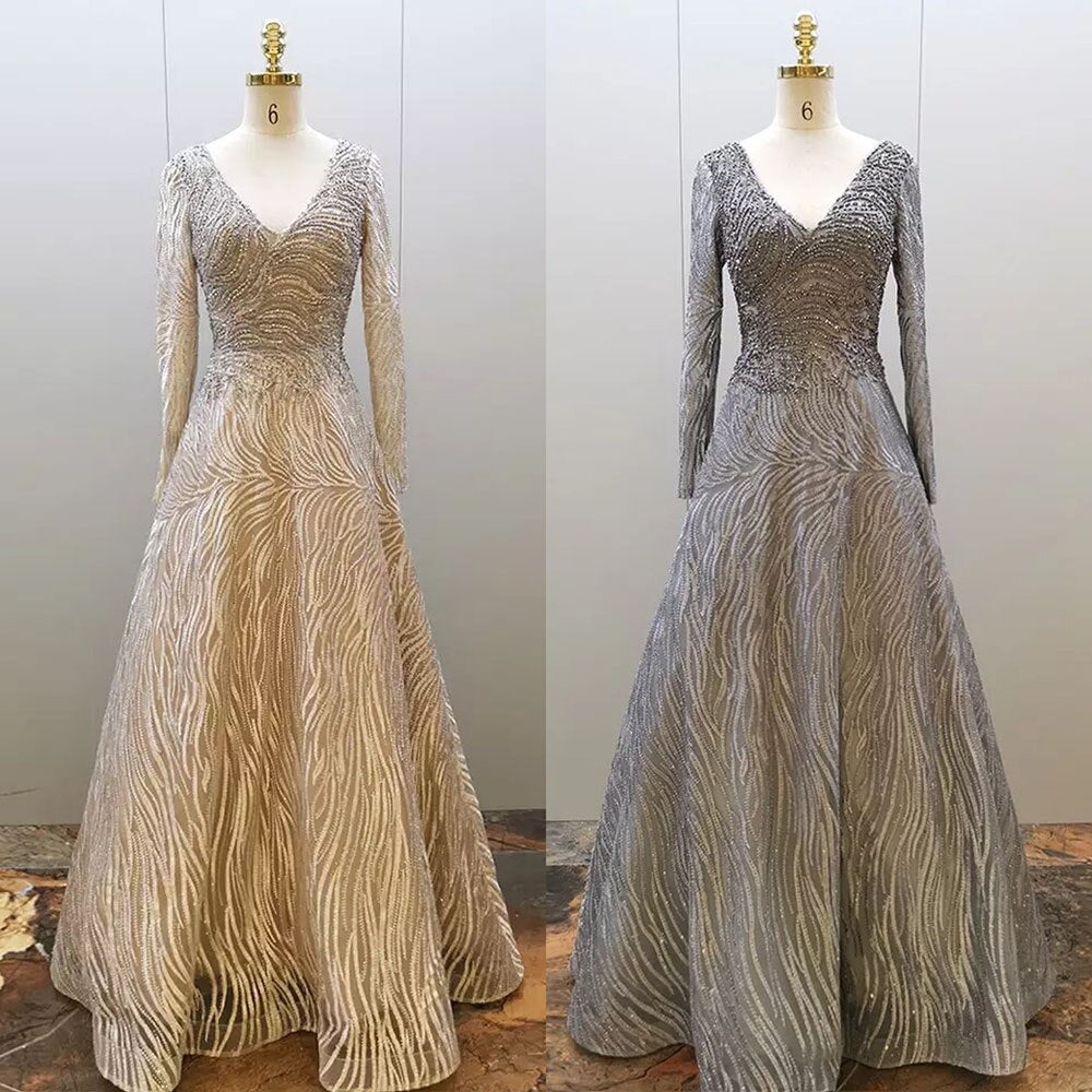 Vestido de noche musulmán gris, corte A, sexy, escote en V, de lujo, con cuentas, para mujer, fiesta 2025, LA71802 