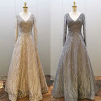 Vestido de noche musulmán gris, corte A, sexy, escote en V, de lujo, con cuentas, para mujer, fiesta 2025, LA71802 
