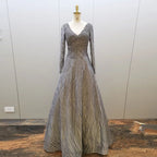 Vestido de noche musulmán gris, corte A, sexy, escote en V, de lujo, con cuentas, para mujer, fiesta 2025, LA71802 
