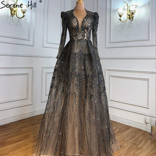 Muslim Grey Luxury  A lineEvening Dresses Gowns 2025 A-Line Beading For Woman Wedding Party  LA71126
