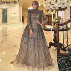 Vestidos de noche musulmanes grises de lujo, corte A, con cuentas, para mujer, fiesta de bodas, LA71126 