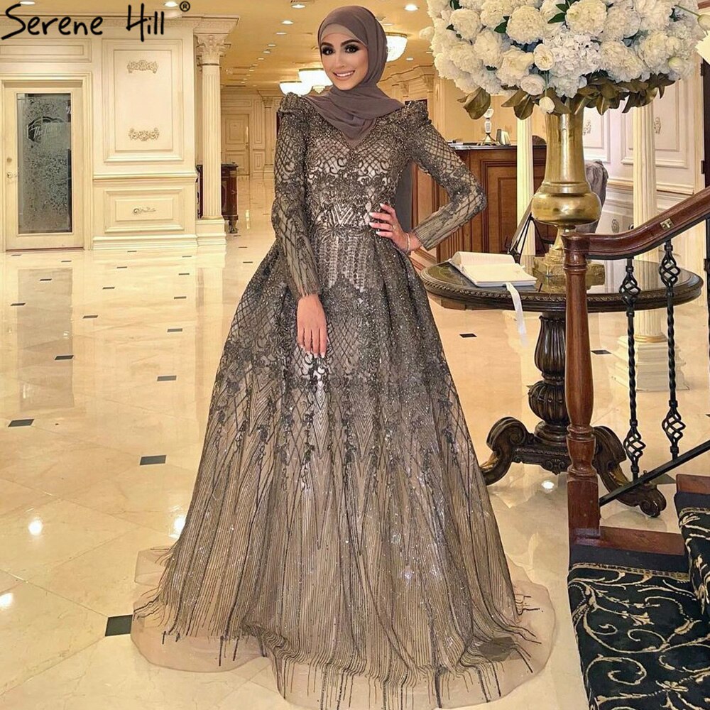 Vestidos de noche musulmanes grises de lujo, corte A, con cuentas, para mujer, fiesta de bodas, LA71126 