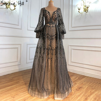 Muslim Grey Luxury Beading With Train   Mermaid Evening Dresses Gowns 2025 For Woman Party  LA71056
