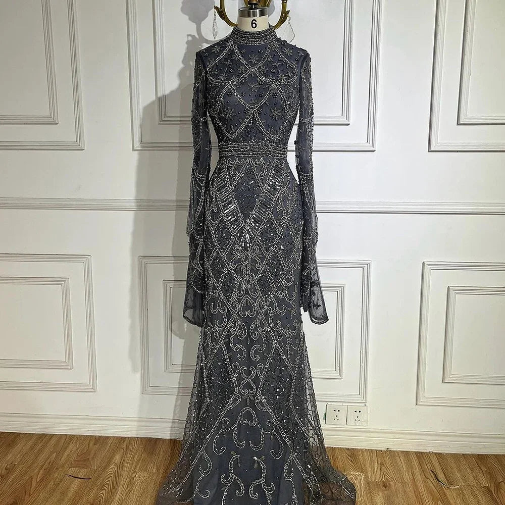 Muslim Grey Mermaid Elegant Nude Cape Sleeve Beaded Luxury Dubai Long Evening Dress 2025 Women's Party LA72316
