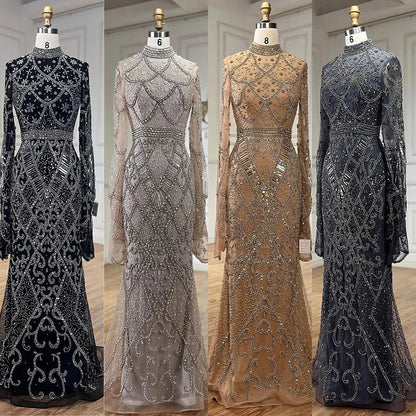 Muslim Grey Mermaid Elegant Nude Cape Sleeve Beaded Luxury Dubai Long Evening Dress 2025 Women's Party LA72316