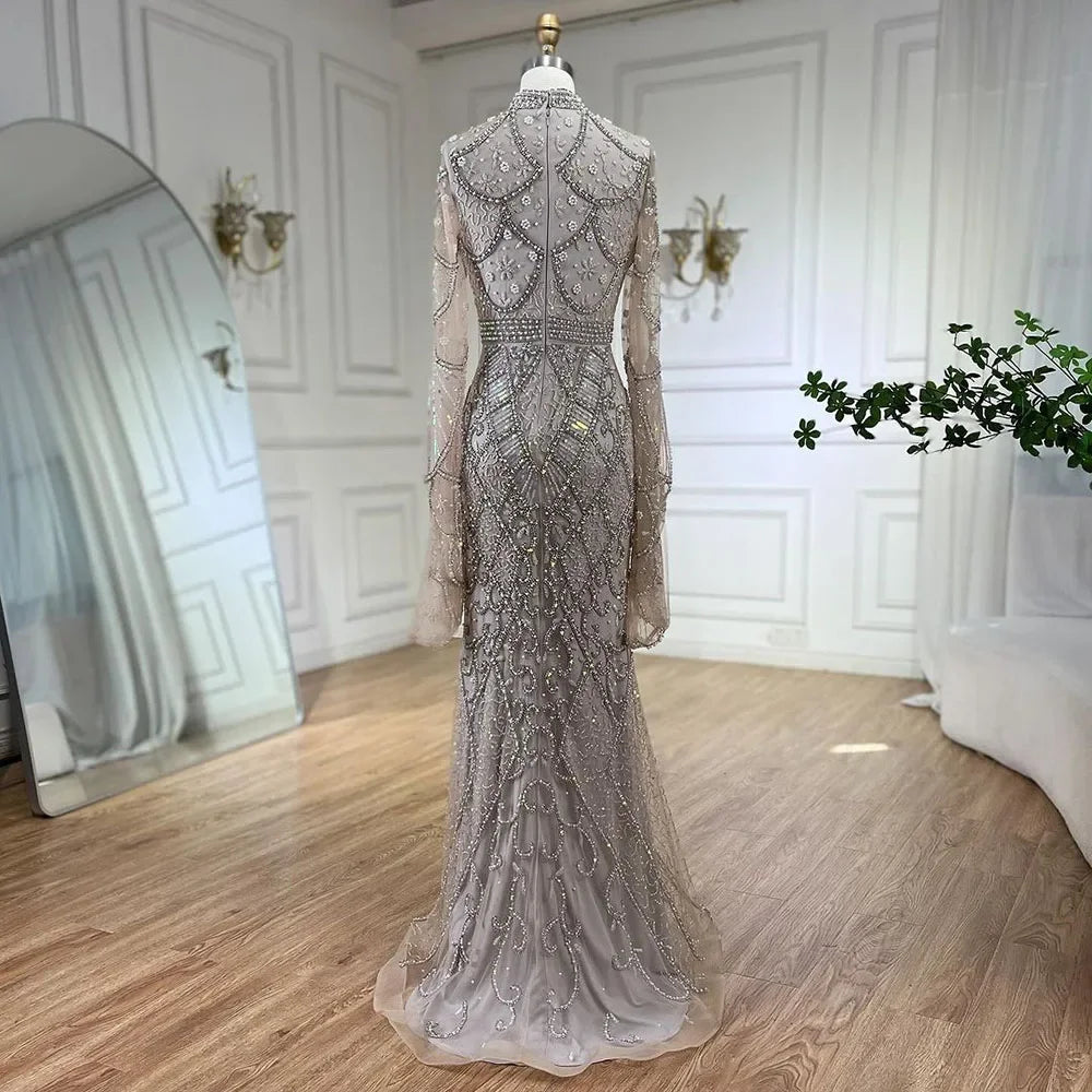 Muslim Grey Mermaid Elegant Nude Cape Sleeve Beaded Luxury Dubai Long Evening Dress 2025 Women's Party LA72316