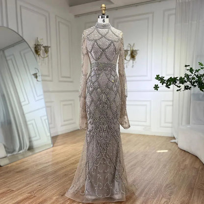 Muslim Grey Mermaid Elegant Nude Cape Sleeve Beaded Luxury Dubai Long Evening Dress 2025 Women's Party LA72316