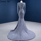 Muslim Grey Mermaid Evening Dresses 2025 Beaded Elegant Luxury Formal Dress HM67272