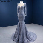 Muslim Grey Mermaid Evening Dresses 2025 Beaded Elegant Luxury Formal Dress HM67272