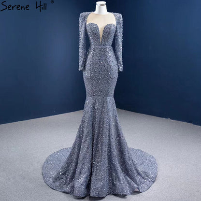 Muslim Grey Mermaid Evening Dresses 2025 Beaded Elegant Luxury Formal Dress HM67272