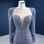 Muslim Grey Mermaid Evening Dresses 2025 Beaded Elegant Luxury Formal Dress HM67272