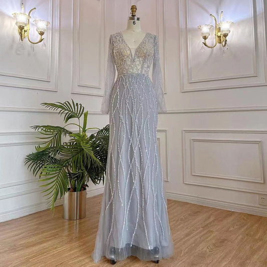 Muslim Grey V Neck Mermaid Beaded Luxury Dubai Evening Dresses 2025 For Women Elegant Party LA71903