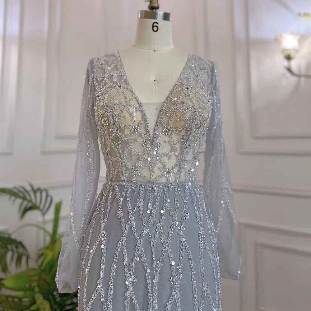 Muslimischen Grau V-ausschnitt Meerjungfrau Perlen Luxus Dubai Abendkleider 2025 Für Frauen Elegante Party LA71903 