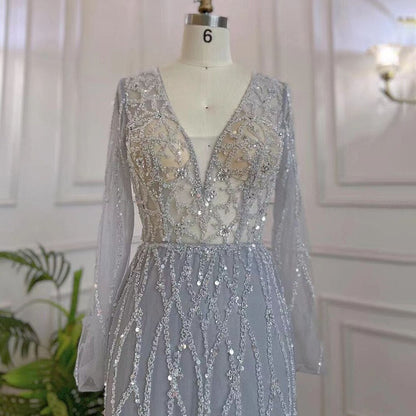 Muslim Grey V Neck Mermaid Beaded Luxury Dubai Evening Dresses 2025 For Women Elegant Party LA71903