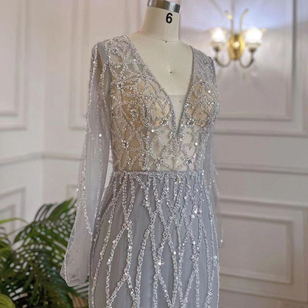 Muslimischen Grau V-ausschnitt Meerjungfrau Perlen Luxus Dubai Abendkleider 2025 Für Frauen Elegante Party LA71903 