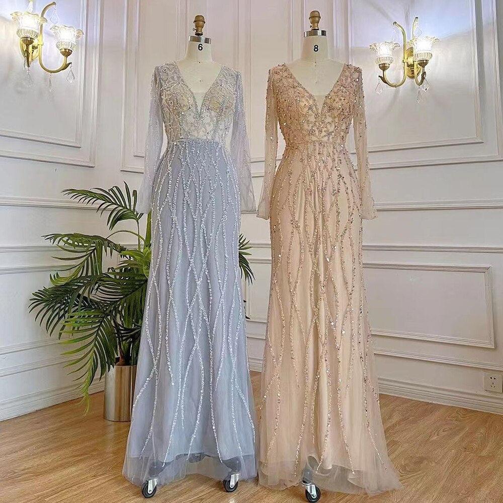Muslimischen Grau V-ausschnitt Meerjungfrau Perlen Luxus Dubai Abendkleider 2025 Für Frauen Elegante Party LA71903 