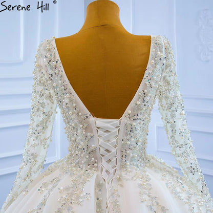 Muslim Ivory Luxury Wedding Dresses 2025 Beading Pearls Ball Gown Bridal Dress HM67260 Custom Made