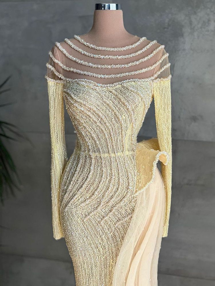 Muslim Ivory Mermaid Elegant With Skirt O Neck Luxury Beaded Evening Gowns 2025 For Women Party LA71767