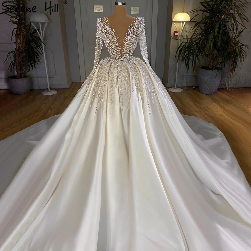 Vestidos de novia musulmanes de lujo en satén marfil con cuentas y perlas, HM67210, hechos a medida, 2025 