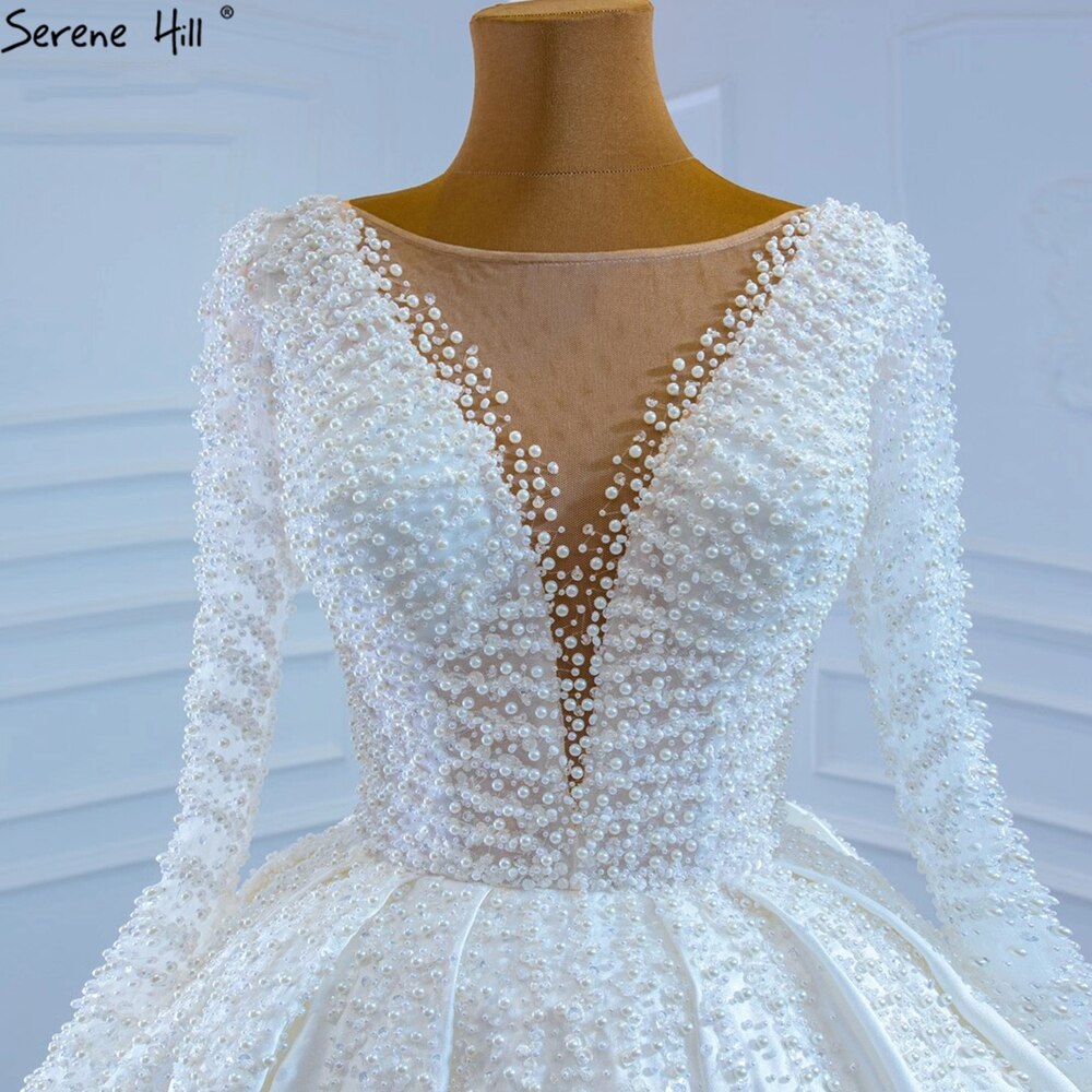 Vestidos de novia musulmanes de lujo en satén marfil con cuentas y perlas, HM67210, hechos a medida, 2025 