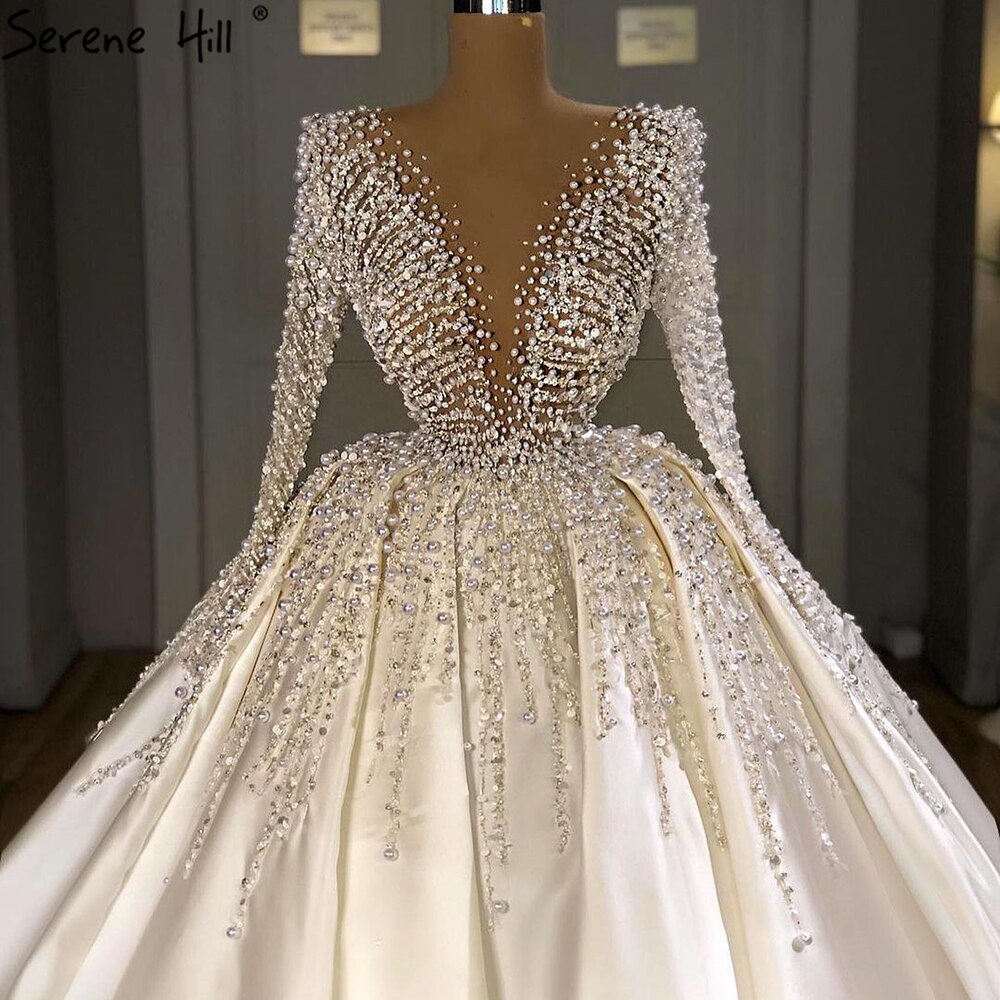 Vestidos de novia musulmanes de lujo en satén marfil con cuentas y perlas, HM67210, hechos a medida, 2025 