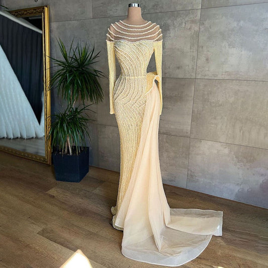 Muslim Ivory With Skirt Mermaid Elegant O Neck Luxury Beaded  Evening Dresses Gowns 2025 For Women Party LA71767
