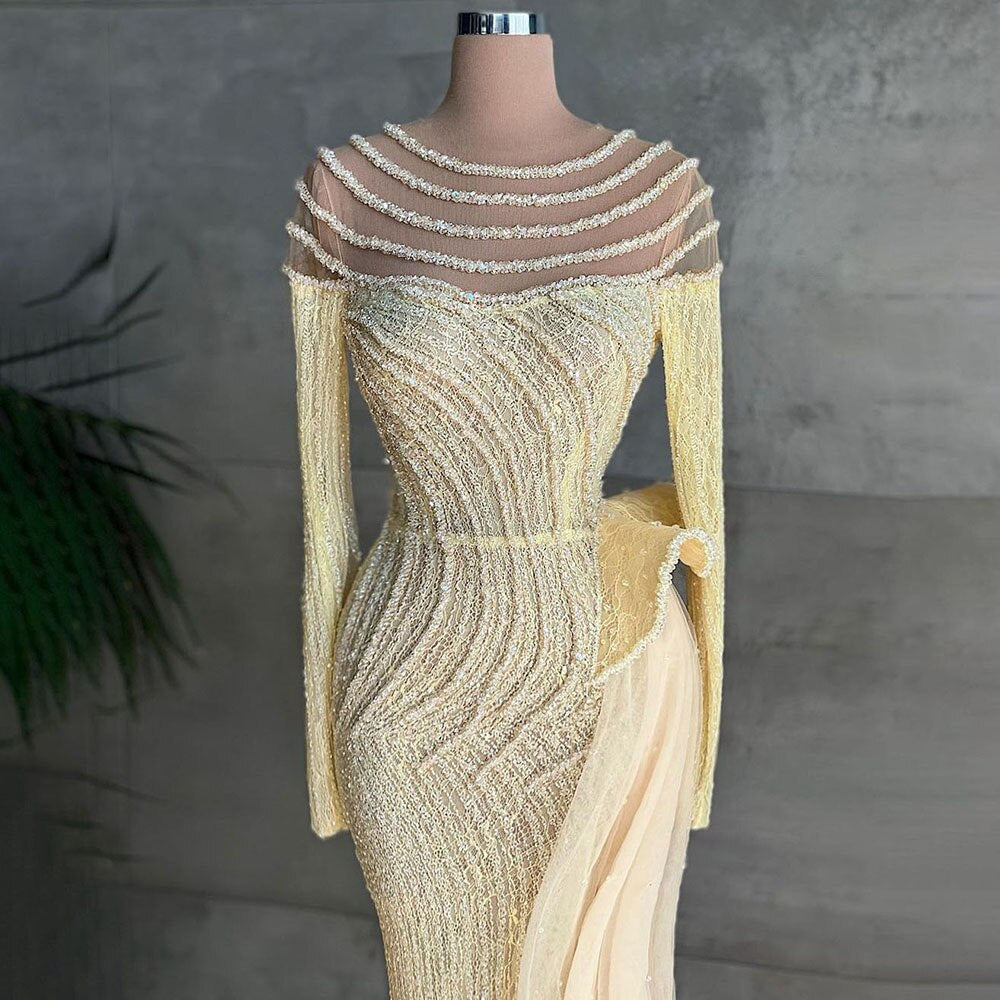 Muslimischen Elfenbein Mit Rock Meerjungfrau Elegante O Neck Luxus Perlen Abendkleider Kleider 2025 Für Frauen Party LA71767 