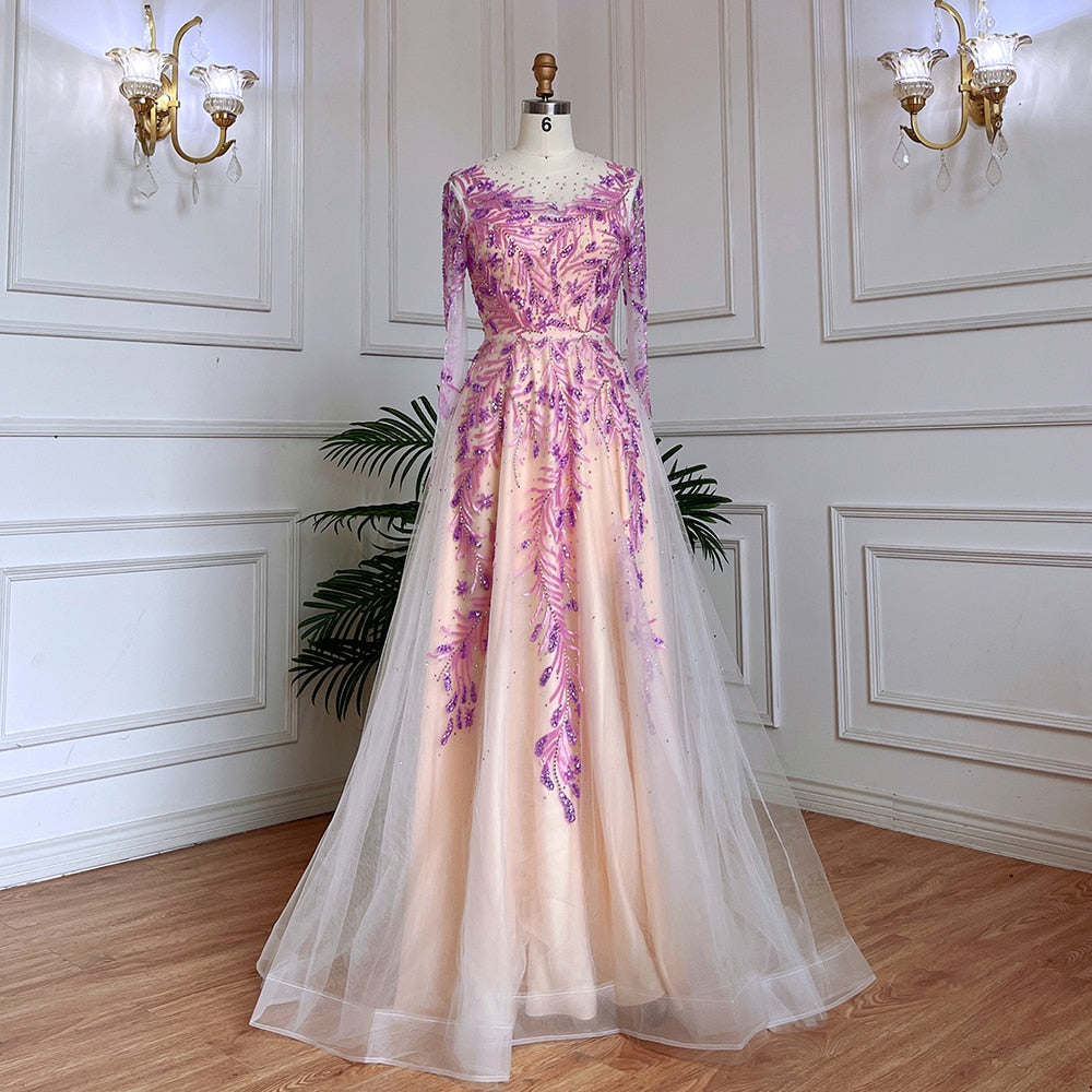 Vestidos de noche largos de lujo de Dubái, color lila, corte A, cuello redondo, con cuentas, para mujer, boda, fiesta, LA71958 