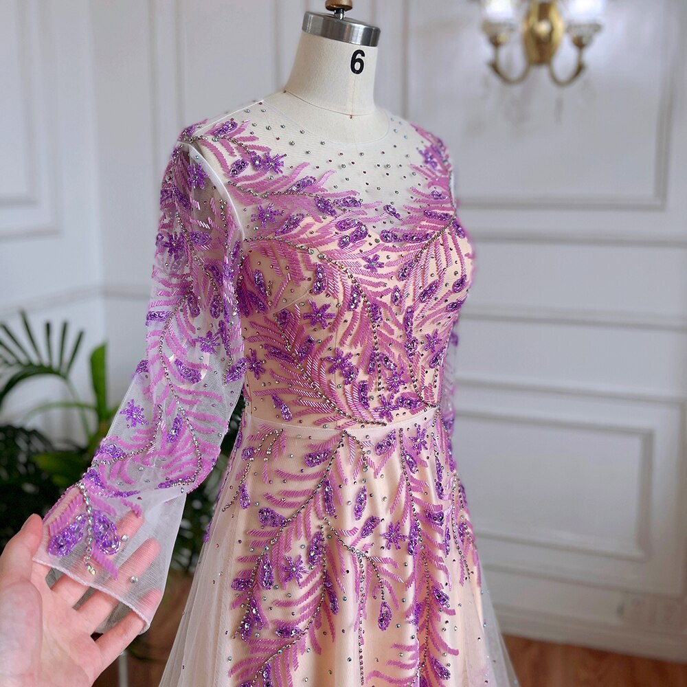 Vestidos de noche largos de lujo de Dubái, color lila, corte A, cuello redondo, con cuentas, para mujer, boda, fiesta, LA71958 