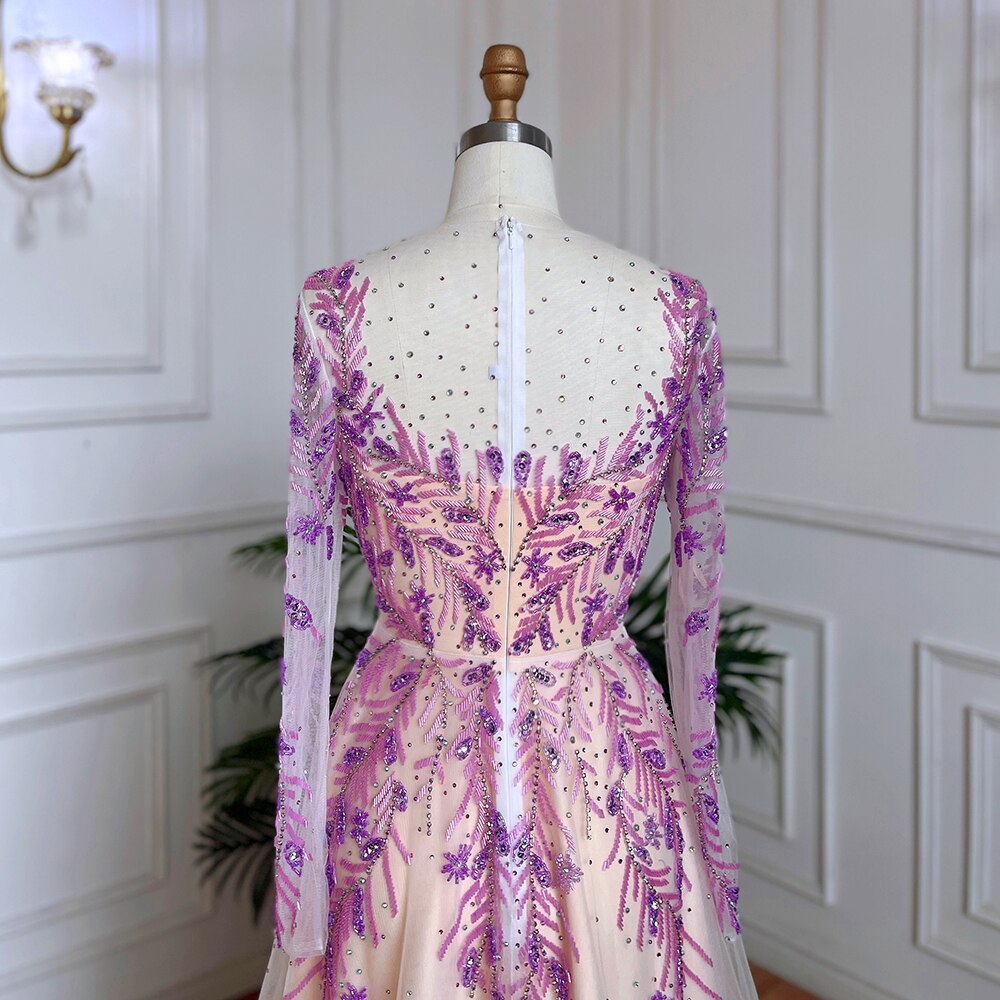 Vestidos de noche largos de lujo de Dubái, color lila, corte A, cuello redondo, con cuentas, para mujer, boda, fiesta, LA71958 