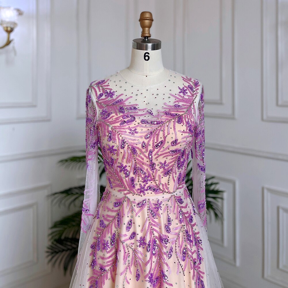 Vestidos de noche largos de lujo de Dubái, color lila, corte A, cuello redondo, con cuentas, para mujer, boda, fiesta, LA71958 