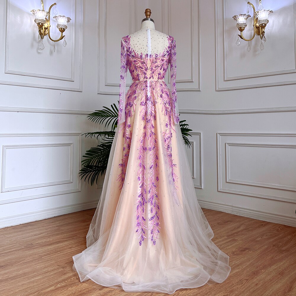 Vestidos de noche largos de lujo de Dubái, color lila, corte A, cuello redondo, con cuentas, para mujer, boda, fiesta, LA71958 