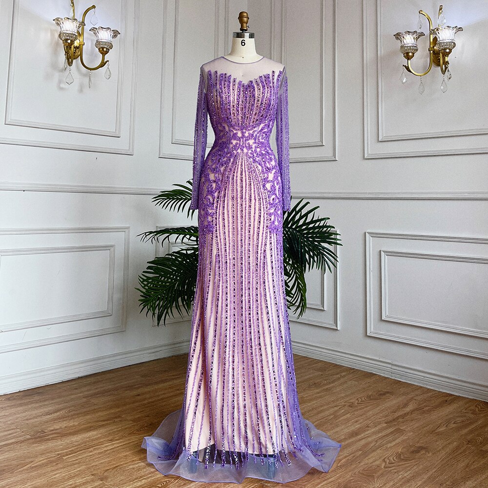 Vestido de noche largo estilo sirena musulmán, elegante, color lila, con cuentas y cristales, estilo Dubái, para mujer, boda, fiesta, LA71959 