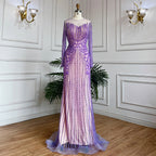Vestido de noche largo estilo sirena musulmán, elegante, color lila, con cuentas y cristales, estilo Dubái, para mujer, boda, fiesta, LA71959 