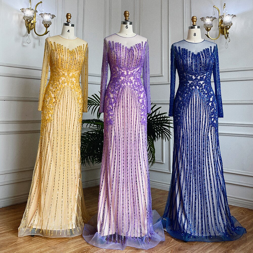 Vestido de noche largo estilo sirena musulmán, elegante, color lila, con cuentas y cristales, estilo Dubái, para mujer, boda, fiesta, LA71959 