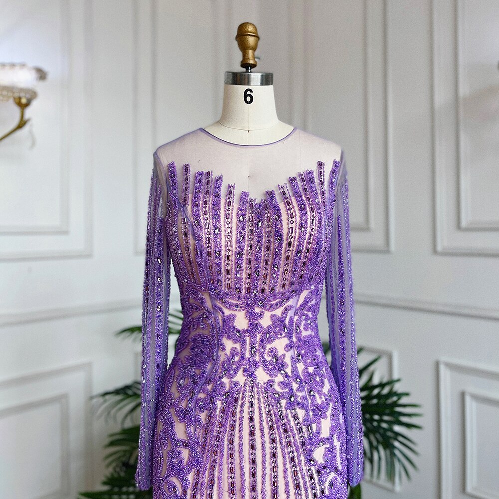 Vestido de noche largo estilo sirena musulmán, elegante, color lila, con cuentas y cristales, estilo Dubái, para mujer, boda, fiesta, LA71959 