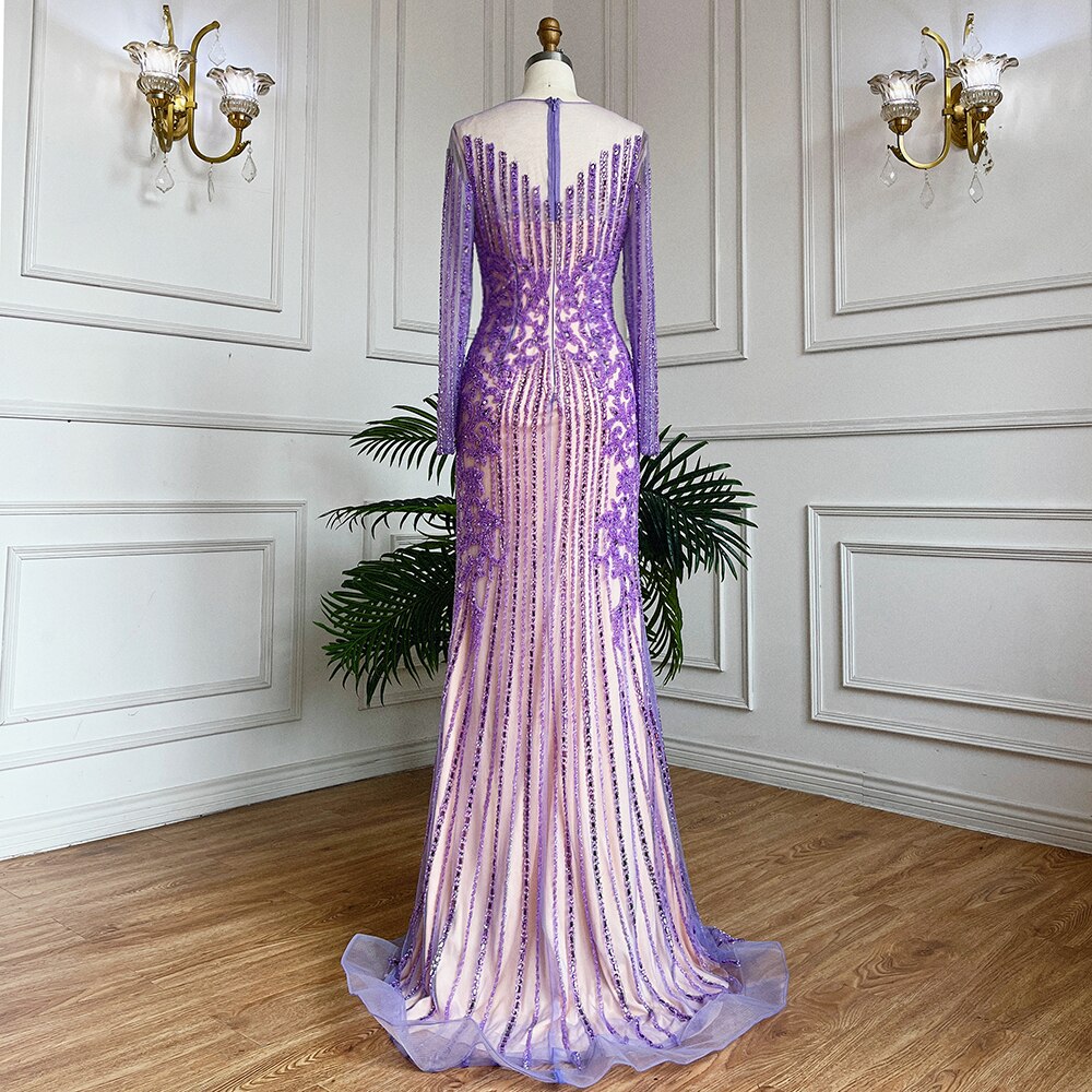 Vestido de noche largo estilo sirena musulmán, elegante, color lila, con cuentas y cristales, estilo Dubái, para mujer, boda, fiesta, LA71959 