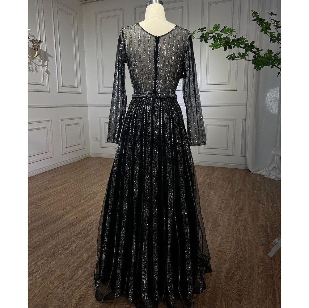 Vestidos de noche árabes de lujo musulmanes con cuentas negras, corte A, midi, para mujer, formales, para boda, fiesta, LA72113 