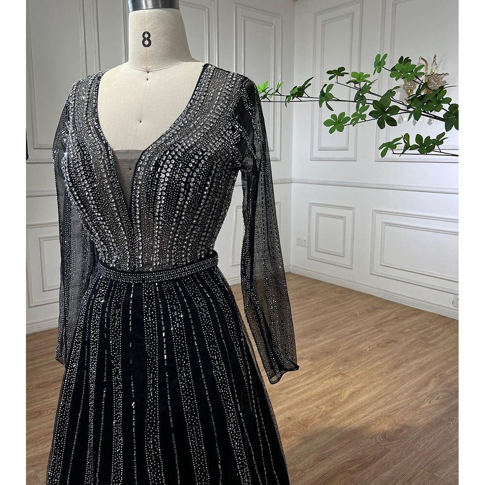 Vestidos de noche árabes de lujo musulmanes con cuentas negras, corte A, midi, para mujer, formales, para boda, fiesta, LA72113 