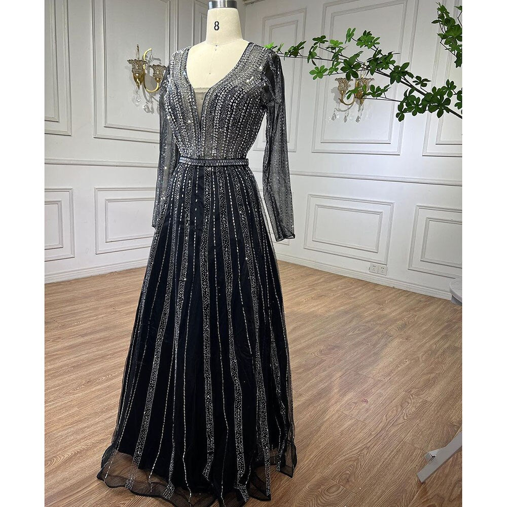 Vestidos de noche árabes de lujo musulmanes con cuentas negras, corte A, midi, para mujer, formales, para boda, fiesta, LA72113 