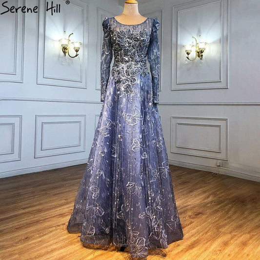 Muslim Luxury Blue Evening Dresses Gowns 2025 Lace Beaded A-Line For Woman Wedding Party  LA71231