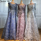 Muslim Luxury Blue Evening Dresses Gowns 2025 Lace Beaded A-Line For Woman Wedding Party  LA71231
