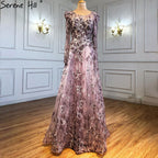 Muslim Luxury Blue Evening Dresses Gowns 2025 Lace Beaded A-Line For Woman Wedding Party  LA71231