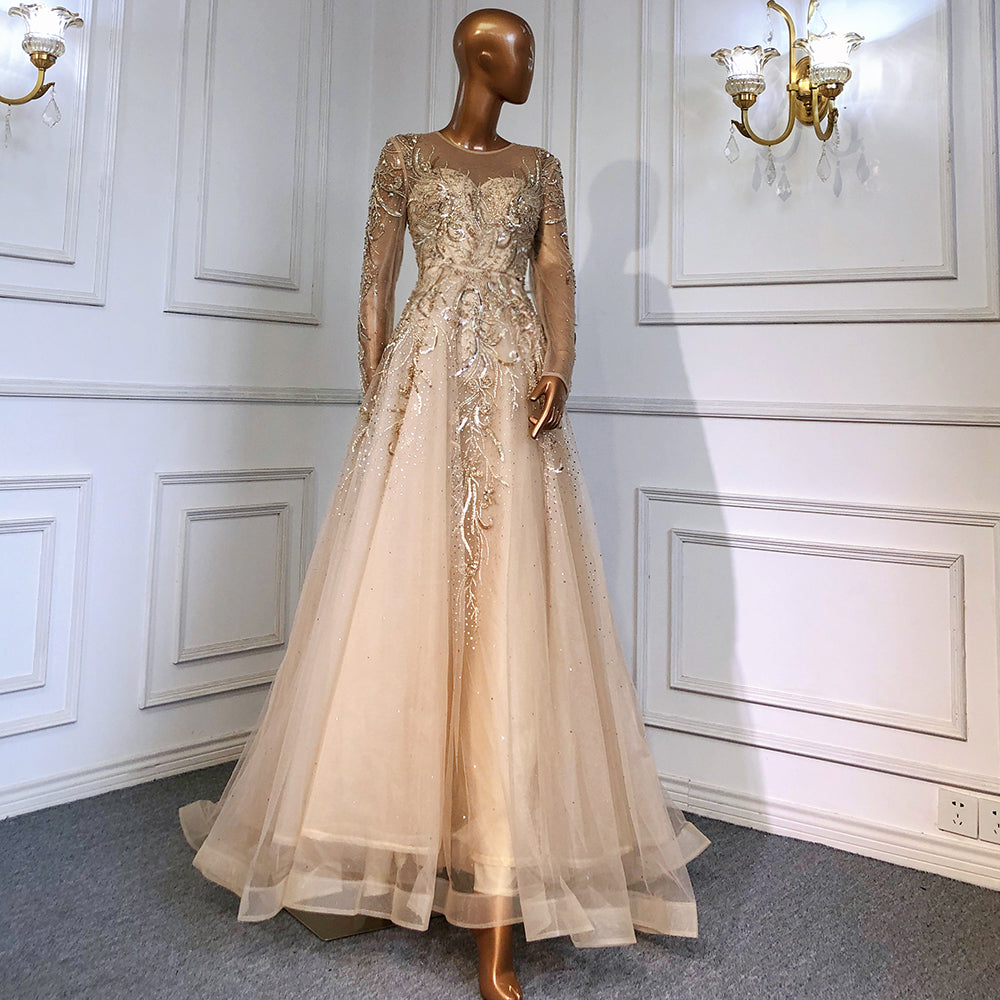 Vestidos de noche musulmanes de lujo dorados, 2025, con cuentas brillantes, corte A, para mujer, fiesta, LA71605 