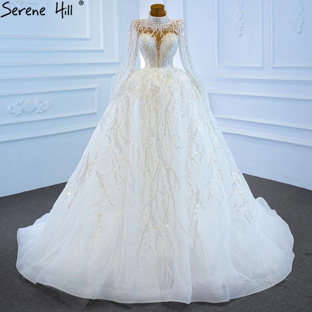 Muslimischen Luxus Elfenbein Brautkleider Kleider 2025 Kristall Perlen Sexy Braut Kleid HM67226 Nach Maß 