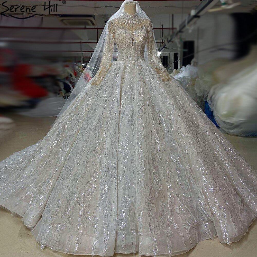 Muslimischen Luxus Elfenbein Brautkleider Kleider 2025 Kristall Perlen Sexy Braut Kleid HM67226 Nach Maß 