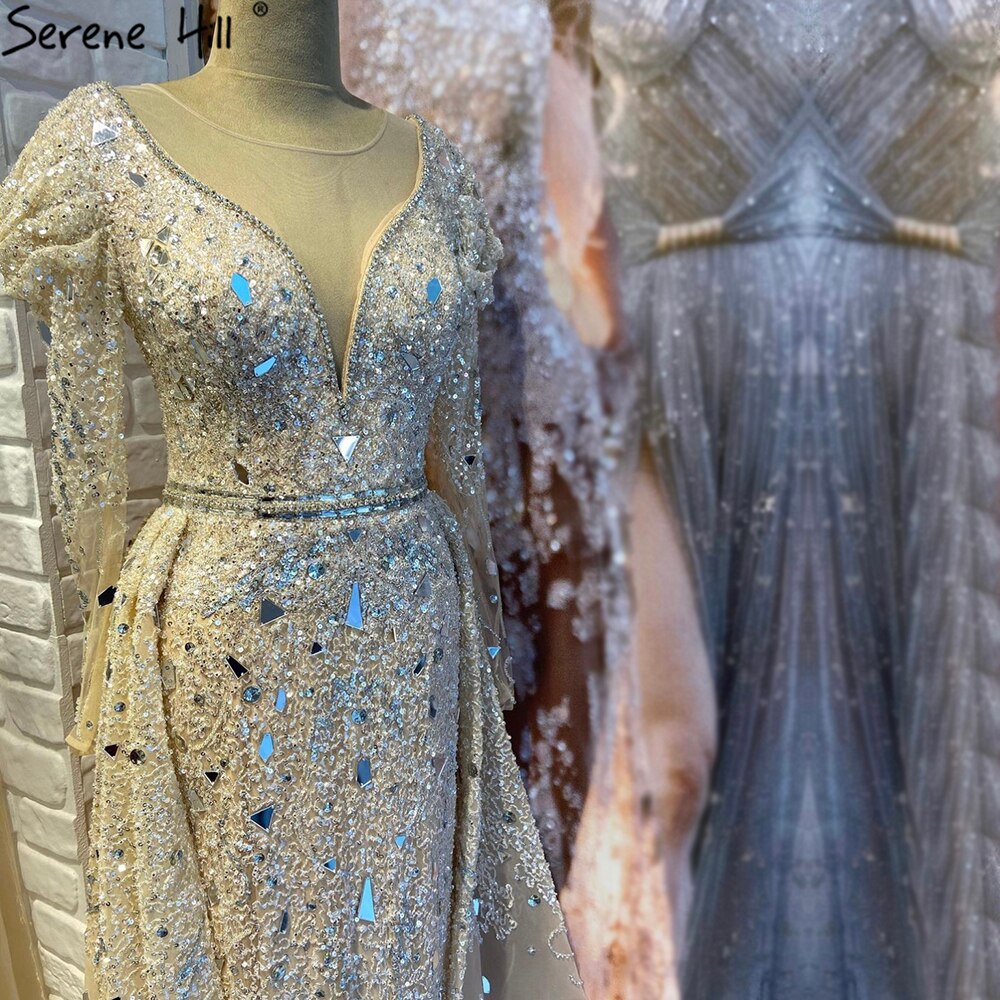 Muslimischen Luxus Nude Silber Abendkleider Kleider 2025 Überrock Perlen Meerjungfrau Elegante Für Frau Party LA71351 
